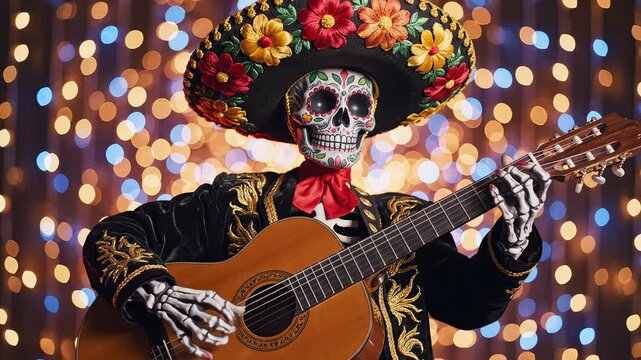 Skull dressed in colorful outfit playing guitar