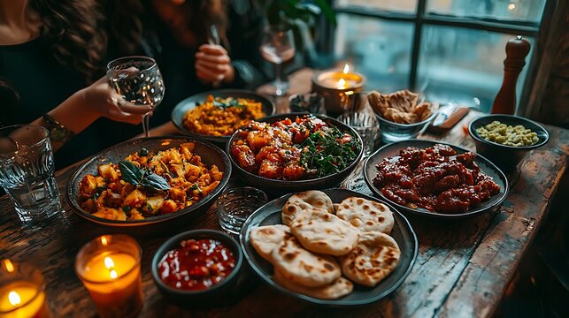 A rustic table setting with various Indian dishes naan and drinks illuminated by candlelight