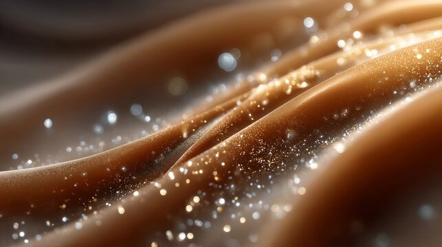 Abstrakte goldbraune Seidenwellen mit glitzernden Lichtpartikeln als luxuri&ouml;ser Hintergrund