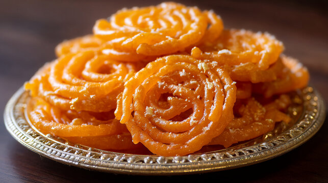 A plate of traditional Indian jalebi sweet pastries on a table