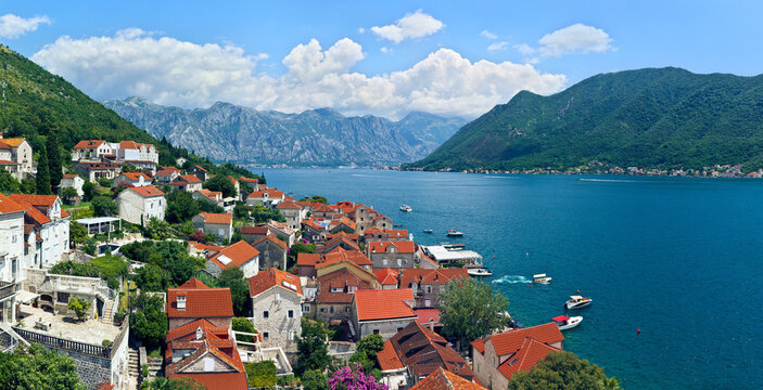 Panoramic View of small resort town Perast. Adriatic coast, Bay of Kotor, Montenegro