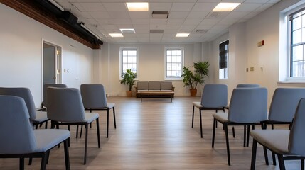 Fototapeta premium Modern meeting room interior with grey chairs and sofa arrangement
