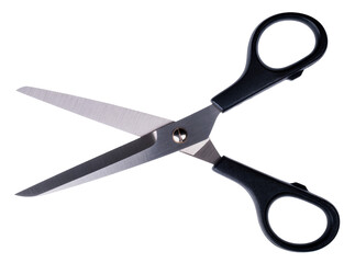 Fototapeta premium Professional sharp metal scissors with black plastic handles, blades open and ready for precise cutting, an essential tool isolated for various tasks