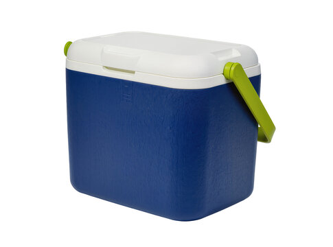 Portable blue and white cooler box with a vibrant green handle, perfect for keeping drinks and food cold, isolated PNG