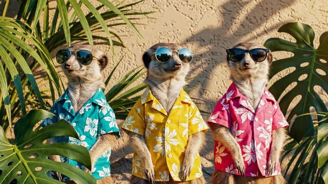 Three meerkats standing side-by-side wearing colorful Hawaiian floral shirts and sunglasses positioned among tropical monstera and palm leaves under bright warm sunlight.