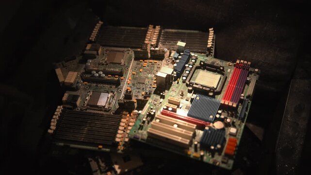 Closeup Of Computer Mainboard Details. Detailed Shot Of Motherboard Components Illuminated By Spotlight. Media