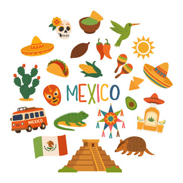 Mexican culture circular composition with traditional symbols, food, animals and festive icons