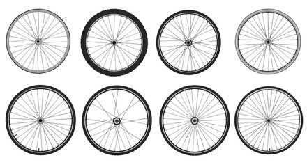 Fototapeta premium Set of eight different bicycle wheel designs with various spoke patterns and tire thicknesses in a clean black and white style.