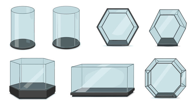Collection of empty glass display cases and museum showcases in different geometric shapes and sizes for exhibition purposes.