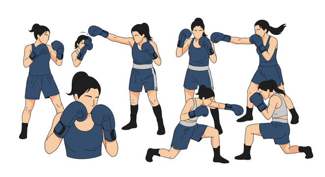 Collection of female boxing characters in various dynamic stances and punching poses wearing blue athletic gear and boxing gloves.