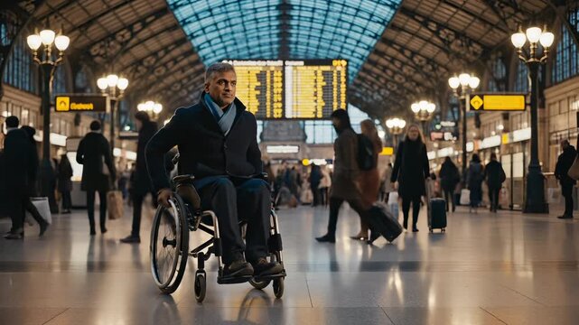 Man in wheelchair moves through train station terminal. Commuter with wheelchair navigates busy station hall. Man travels in terminal with wheelchair. Evening commute in train station terminal.