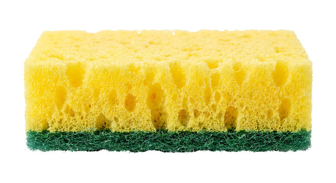 Realistic kitchen sponge centered on white background with soft shadow highlighting texture and everyday household cleaning routine concept