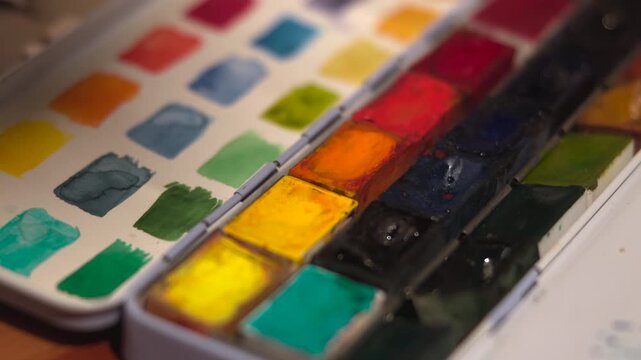 Detailed View Of Artistic Watercolor Tools Featuring Vivid Pigments And Subtle Sheen On Textured Paper. Media