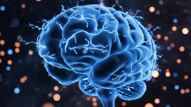 Blue brain with glowing neural connections