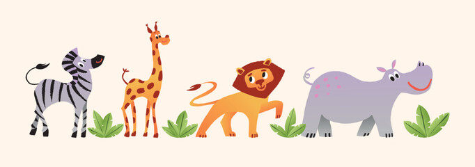 Obraz premium Playful Safari Animals group with Zebra, Giraffe, Lion and Hippo, smiling among Leaf plants. Cute childish flat vector illustration, isolated cartoon characters for children