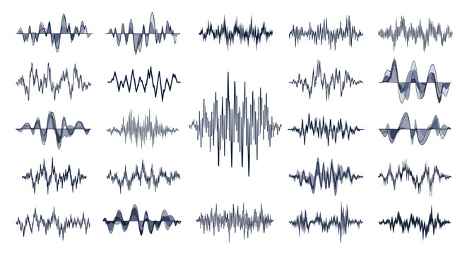 Diverse collection of sound wave, audio frequency, and voice recognition icons in different styles and complexities.