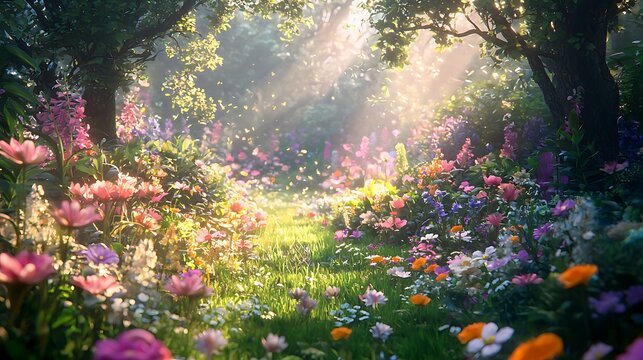 Vibrant meadow path lined with diverse wildflowers and sunbeams filtering through trees
