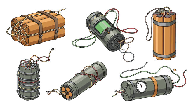 Collection of different dynamite bundles and explosive devices including timed bombs with wires and digital displays for sabotage.