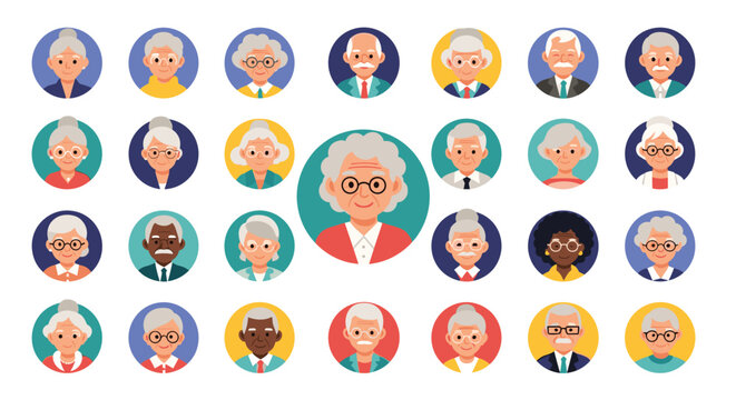 Large collection of diverse elderly male and female avatars with various hairstyles, skin tones, and clothing in colorful circular frames.