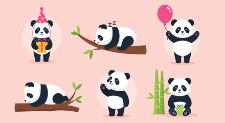 Naklejka premium Set of adorable panda characters sleeping on branches, holding gifts and balloons, and eating bamboo in a sweet pink background.