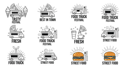 Fototapeta premium Set of black and white line art logos and emblems for food trucks featuring pizza, ice cream, coffee, and burger street food themes.