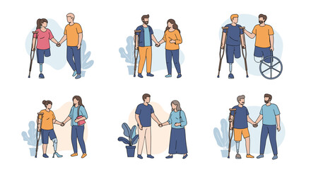 Naklejka premium Set of illustrations showing people with various physical disabilities supporting and helping each other in a friendly and inclusive environment.