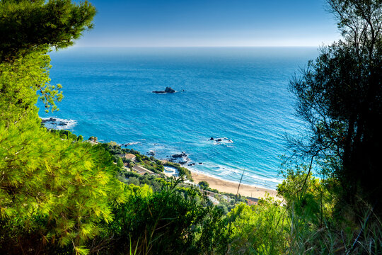 Postcard Corfu coast seen from above, Glyfada beach, beautiful viewpoint, Greece.