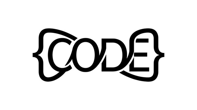 Minimalist black vector art of the word "CODE" formed by brackets
