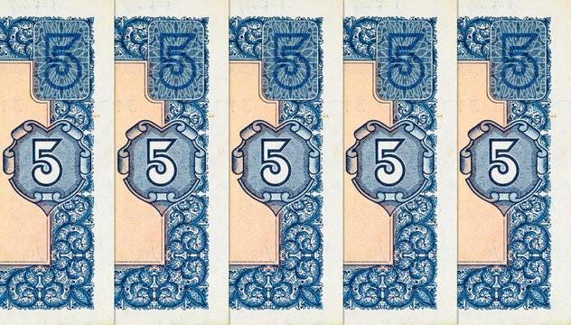 Fragment of a 5 hryvnia banknote with a portrait of Hetman Bohdan Khmelnytsky. Paper money of Ukraine.