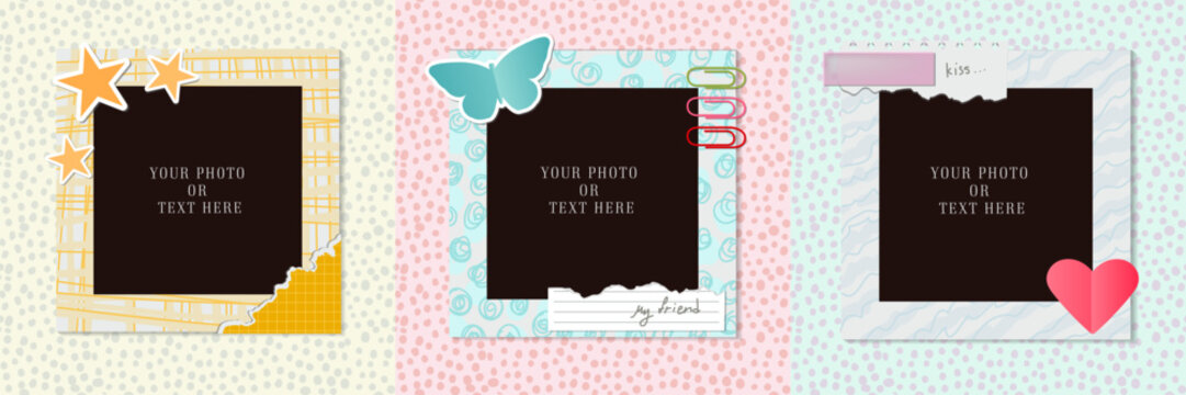 Realistic design photo frames on seamless pattern. Decorative template for baby, family or memories. Scrapbook concept, vector illustration. Birthday