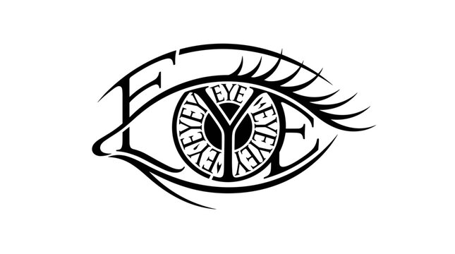 Minimalist black calligram of the word EYE forming an eye shape