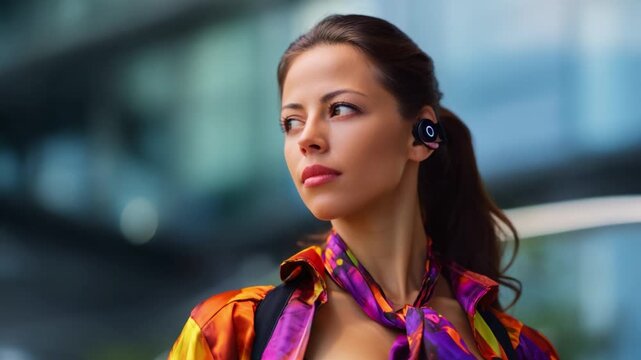 A confident woman with a stylish scarf and modern headset, gazes thoughtfully into the distance amidst an urban backdrop, showcasing elegance and self-assuredness.