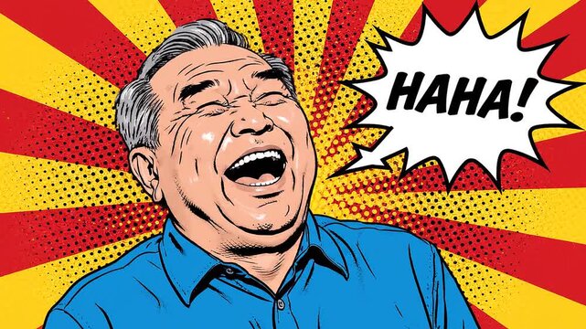 Static close up shot of elderly man laughing with popping speech bubble in pop art comic style background