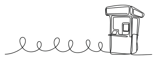 Fototapeta premium A minimalist continuous line drawing depicting a modern kiosk or ticket booth evolving from a wavy abstract path, perfect for creative branding or architectural concepts.