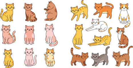 Set of cute hand drawn cats in various poses flat vector illustration collection of different breeds playful kittens cartoon style isolated on background © Aminul