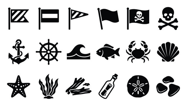 Explore a comprehensive collection of nautical themed icons including flags anchors marine life and beach elements perfect for maritime adventures and ocean related projects