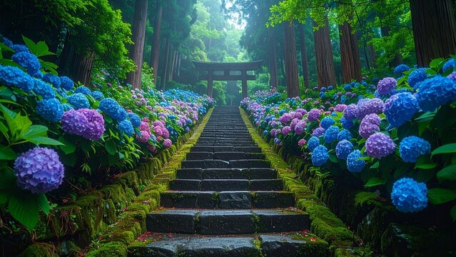 寺院の境内に咲き誇るあじさいの林と石畳の階段
Ancient Temple Forest with Hydrangeas and Stone Staircase