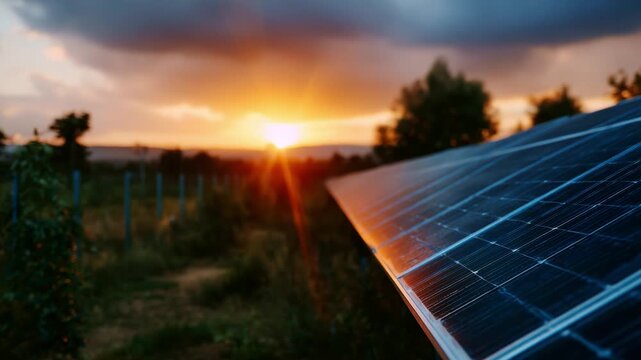 Captivating Sunset Over a Solar Panel Field Emphasizing Renewable Energy's Importance in Sustainability and Modern Technology