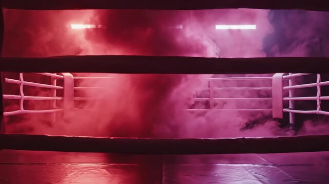 Empty boxing ring with smoke and lights