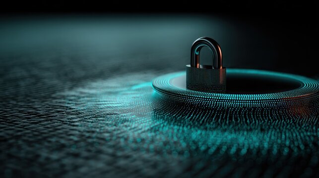 Metallic padlock rests atop a glowing digital platform against a dark, abstract background