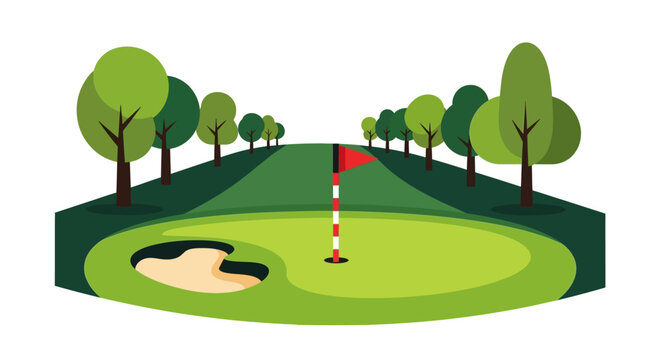 Golf Course Green With Flagstick And Bunker Surrounded By Lush Trees And Rolling Hills Scenic Landscape