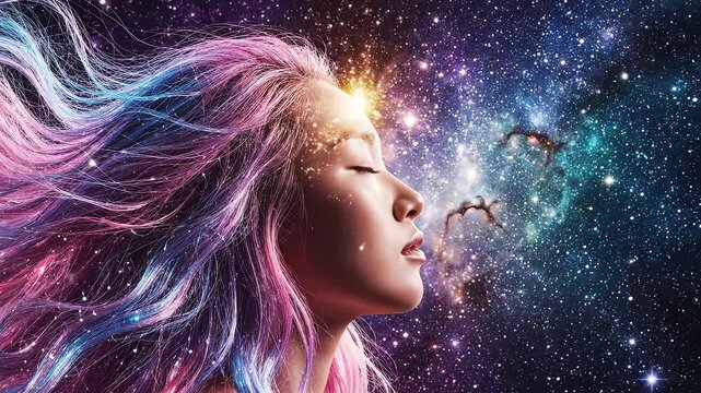 woman with colorful hair in space