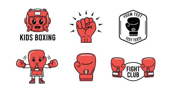 Collection of cartoon boxing icons and emblems for sports and fitness themes featuring gloves and headgear for children and competition