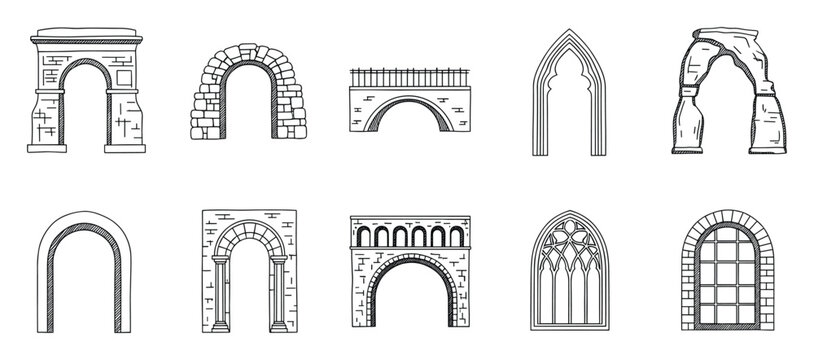 Collection of hand drawn architectural archway and bridge sketches ideal for educational materials history books or building construction project inspiration