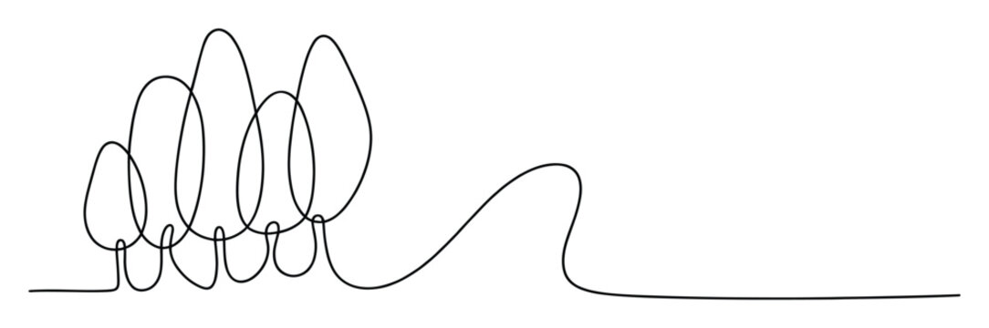 Continuous single line drawing depicting stylized growing trees merging with an abstract flowing landscape suitable for minimalist wall decor and modern graphic design projects