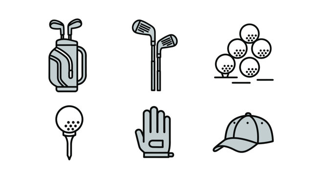 Golf equipment collection featuring golf bag, clubs, balls, glove, and cap on white background.