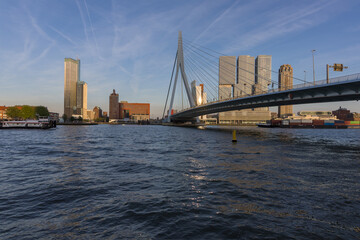 Obraz premium Modern Rotterdam skyline with Erasmus Bridge and De Rotterdam building