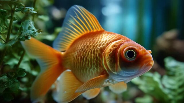 Captivating Goldfish Swimming Elegantly Amidst Aquatic Plants in a Lush Underwater World, Showcasing Its Vibrant Colors and Unique Features in an Aquarium Setting