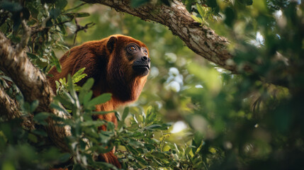 Obraz premium A red monkey sitting on a tree branch in a forest