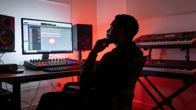 Music producer working in recording studio with digital audio workstation, sound engineering and music production concept, creative artist composing tracks with professional equipment